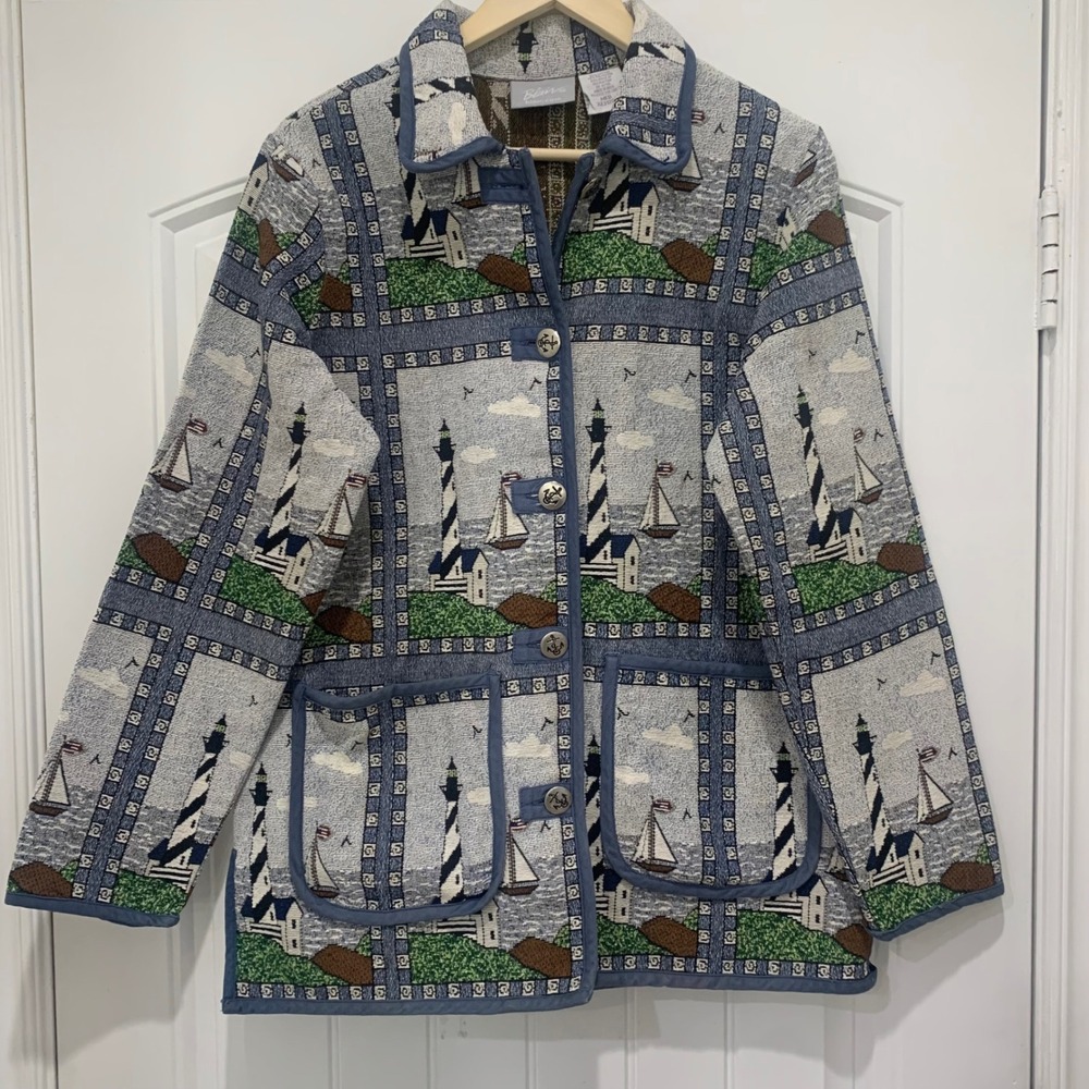 VTG Blair Womens M Lighthouse Sailboat Tapestry Jacket Blue Nautical Button Up